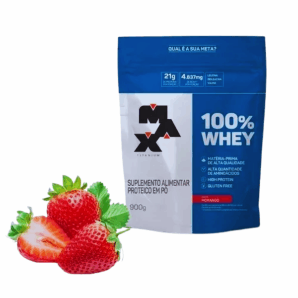 100% Whey REFIL 900g  MORANGO - Max Titanium - Image 3